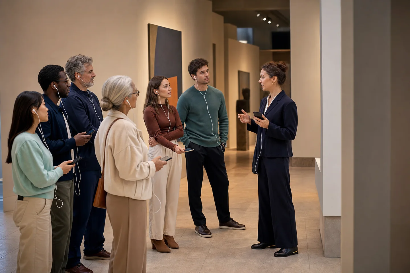 A museum guide speaking to visitors who listen through their phones and earphones